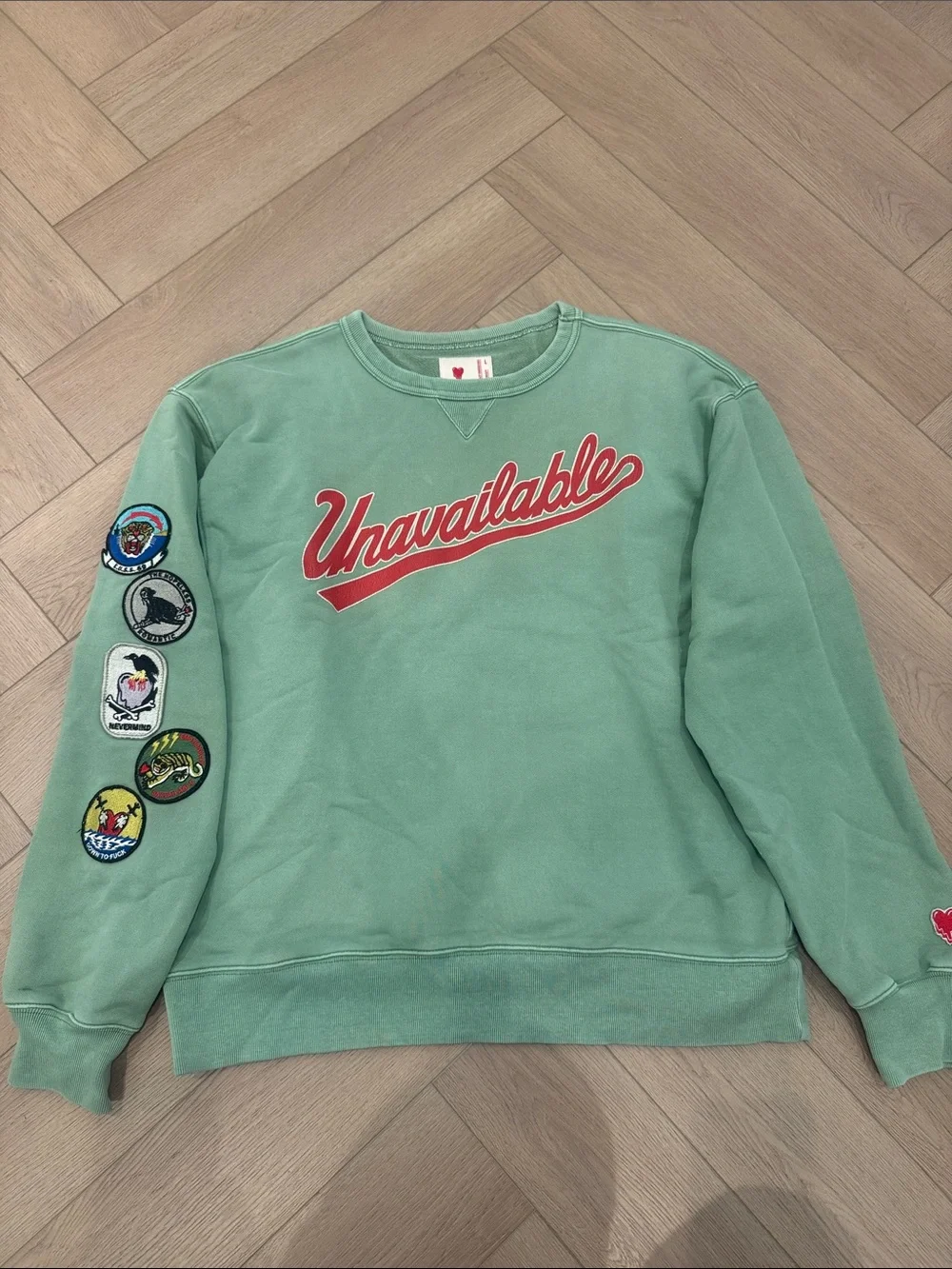 EMOTIONALLY UNAVAILABLE PATCHES CREWNECK SWEATER GREEN SIZE LARGE